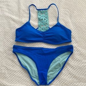 Sea green and cobalt blue aerie bikini with unique back top detail